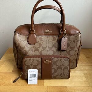 Coach F32203 Bennett Satchel Handbag Brown Leather & Signature matching wallet